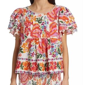 Farm Rio Spring Bananas Pintuck Blouse | Size M | Tropical Print Top